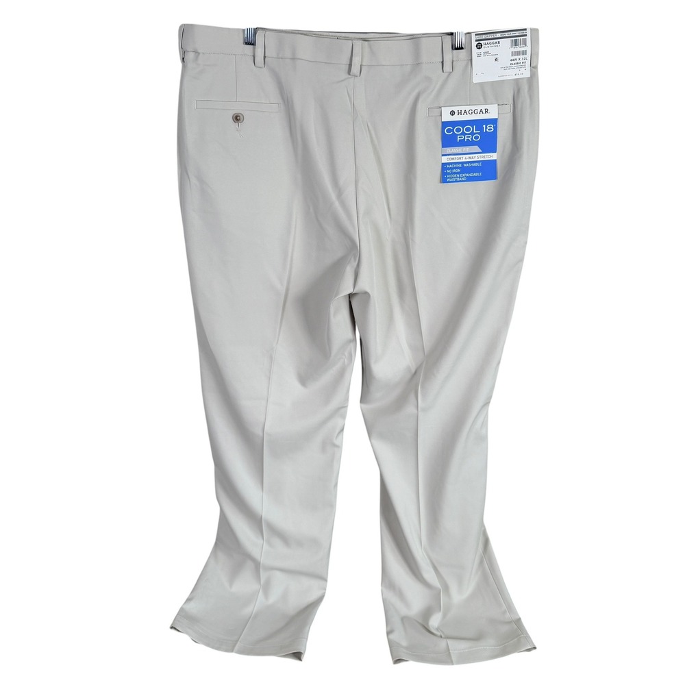 Haggar Cool 18 Pro Dress Pants Mens 44x32 String Beige Stretch Classic Fit NEW